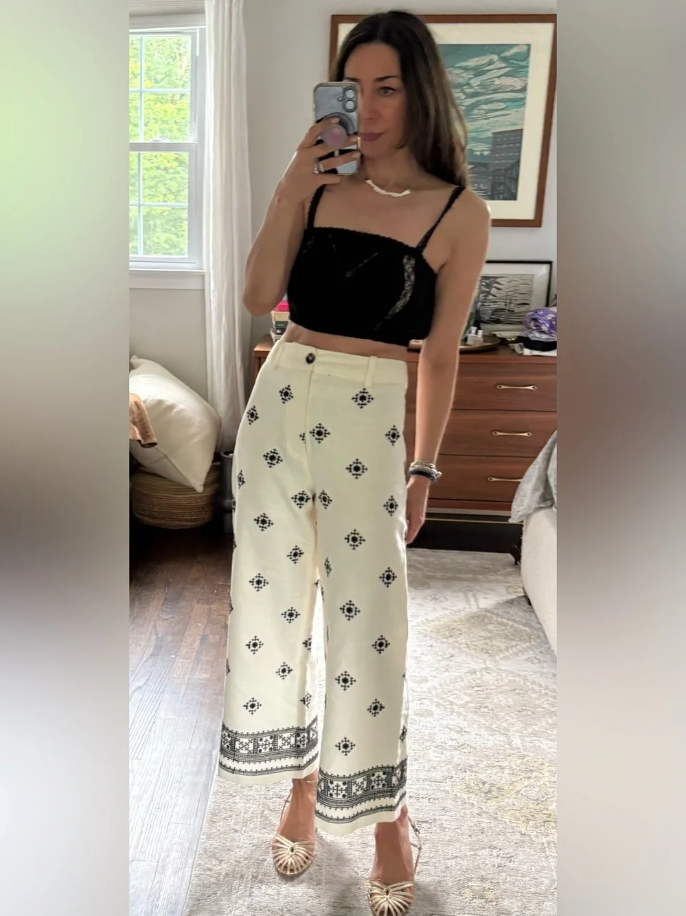 Zara linen blend wide-leg pants with embroidered details